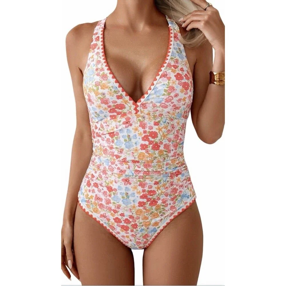 Women's One Piece Swimsuit Tummy Control Shell Stitch floral multicolor size L